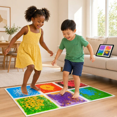 Two kids playing on liquid sensory tiles, tablet set aside