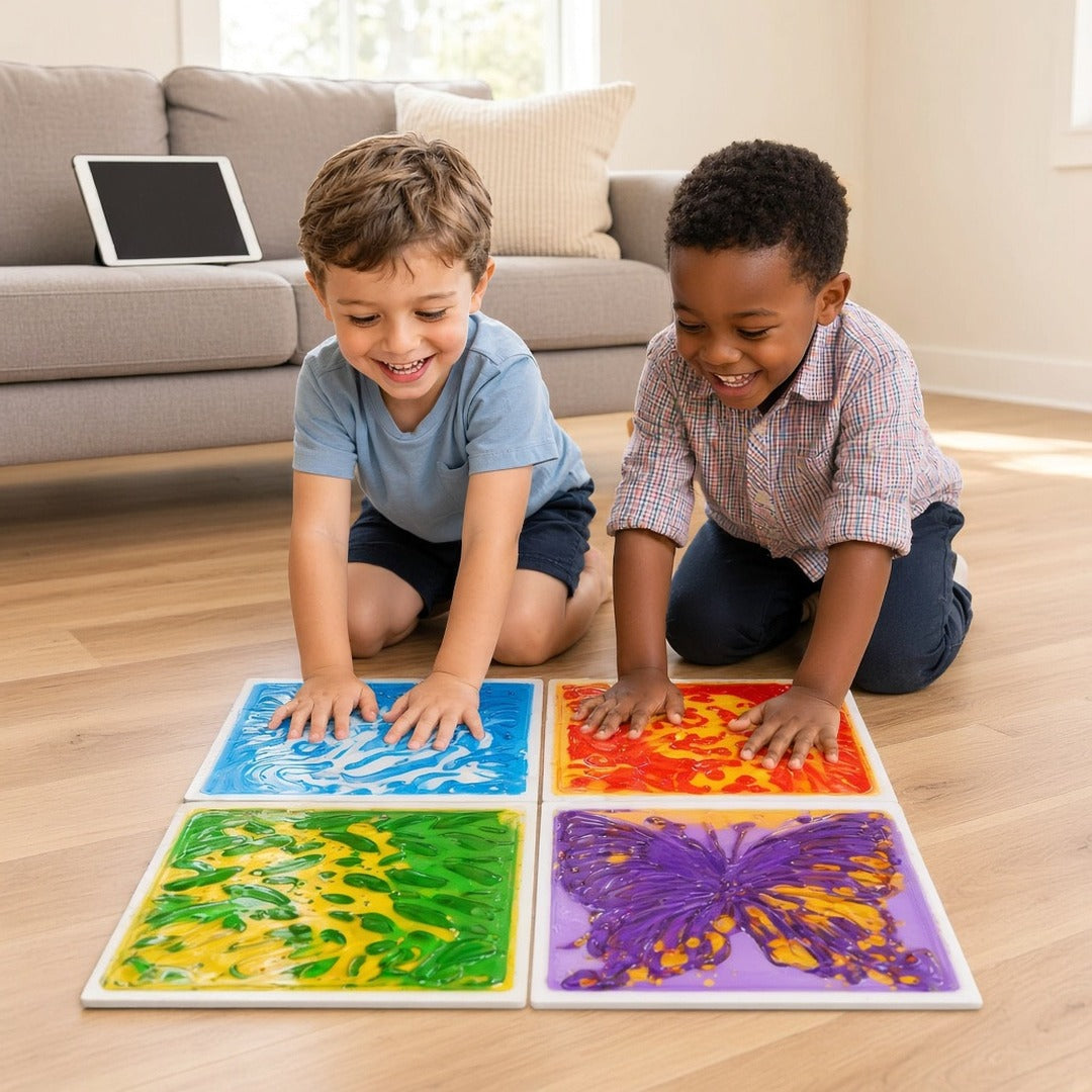 Two boys pressing colorful liquid sensory floor tiles