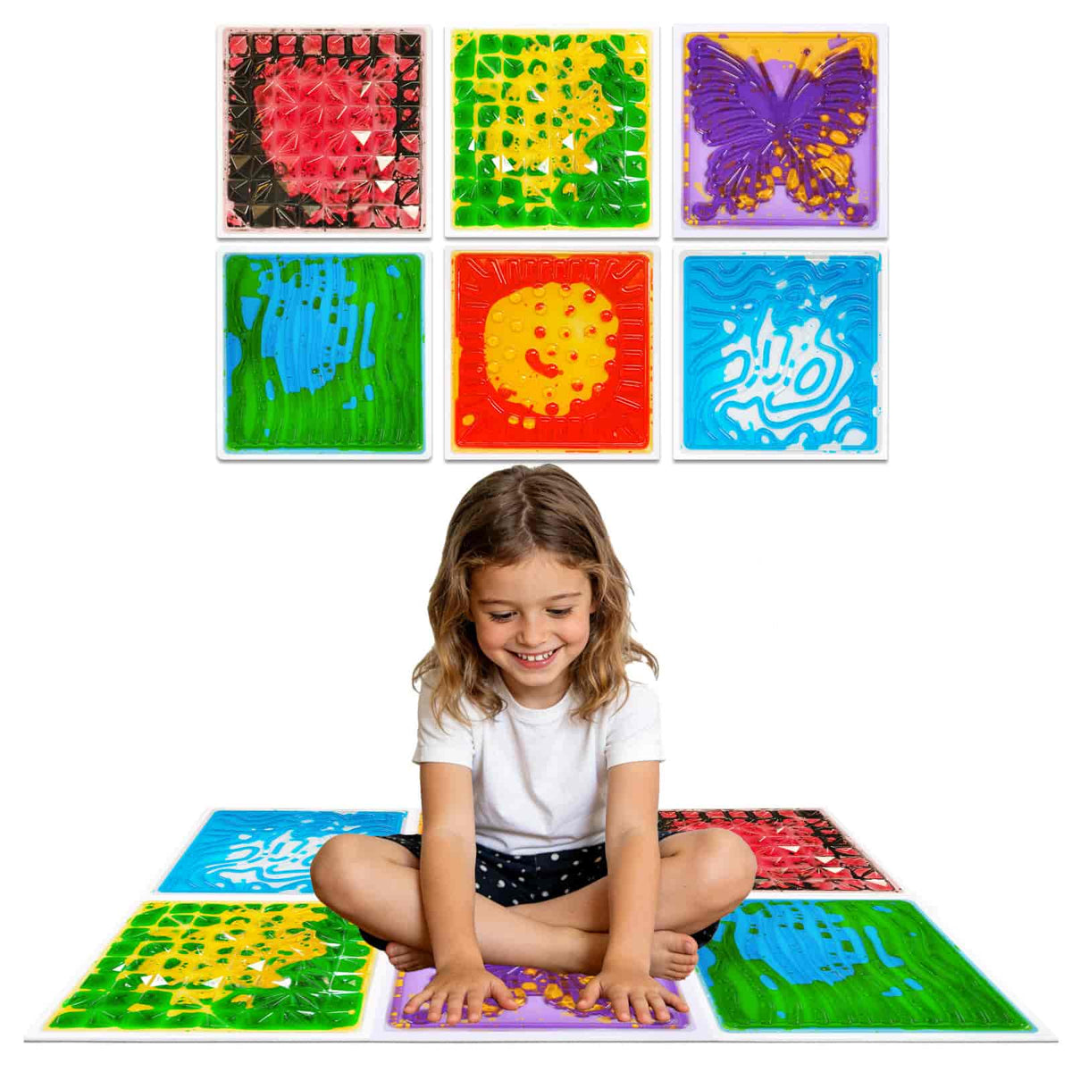 Lifestyle view of liquid sensory floor tiles in play